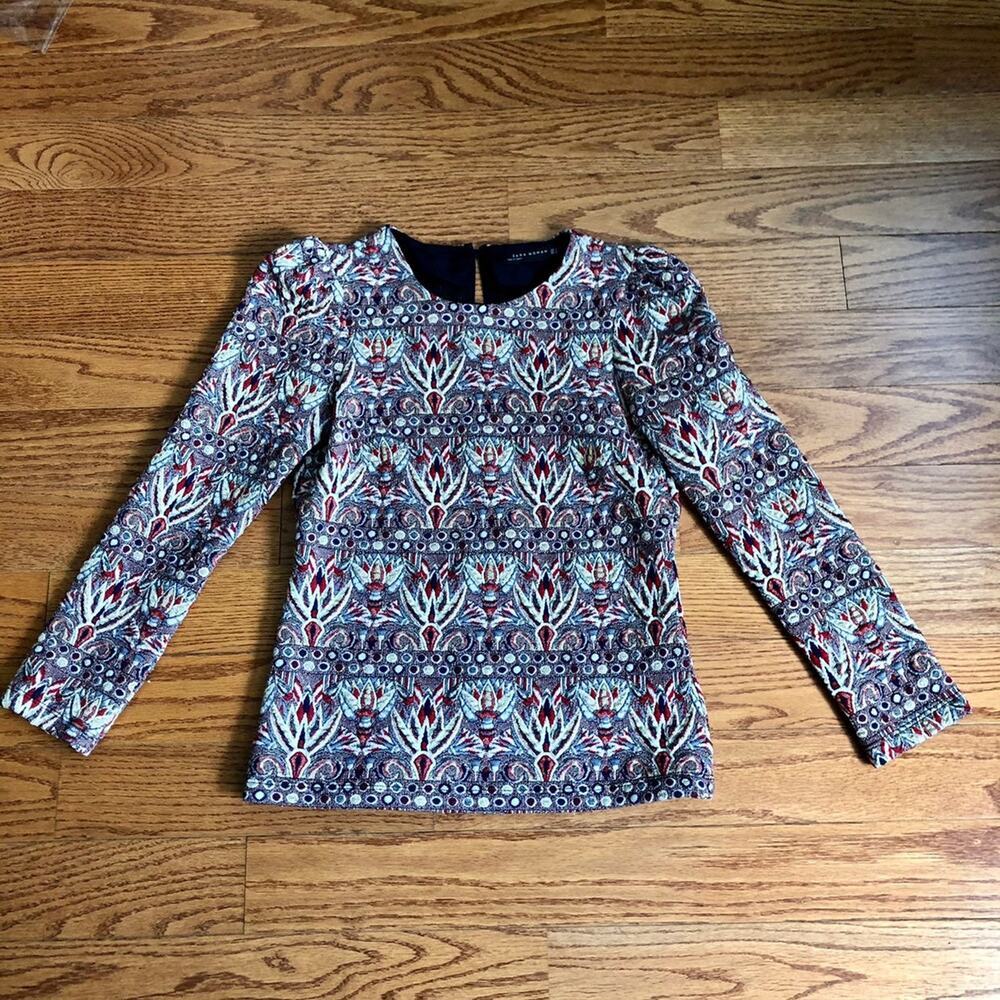 ZARA RARE Brocade Print Red Purple Multi Long Sleeves Top Woman's Size Small